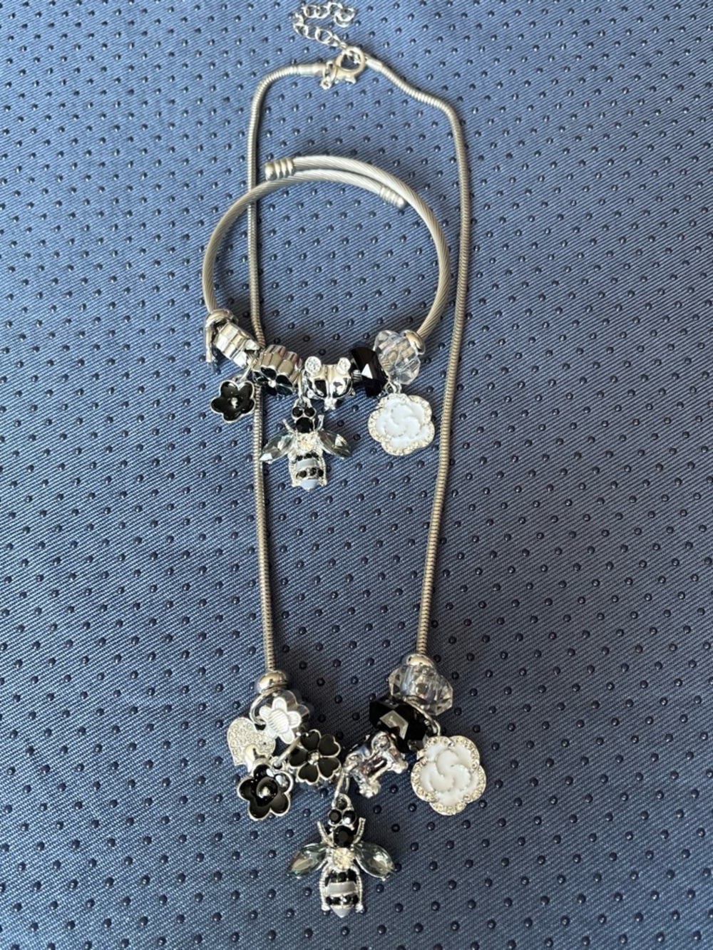 Silver and Black Floral Charm Necklace and Bracelet Set